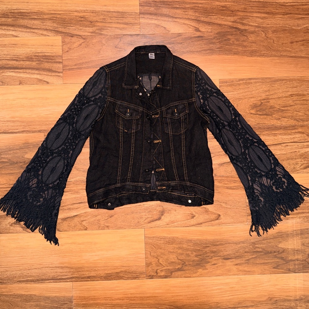 Sunday Tropez black lace fringe denim linen jacket. Small